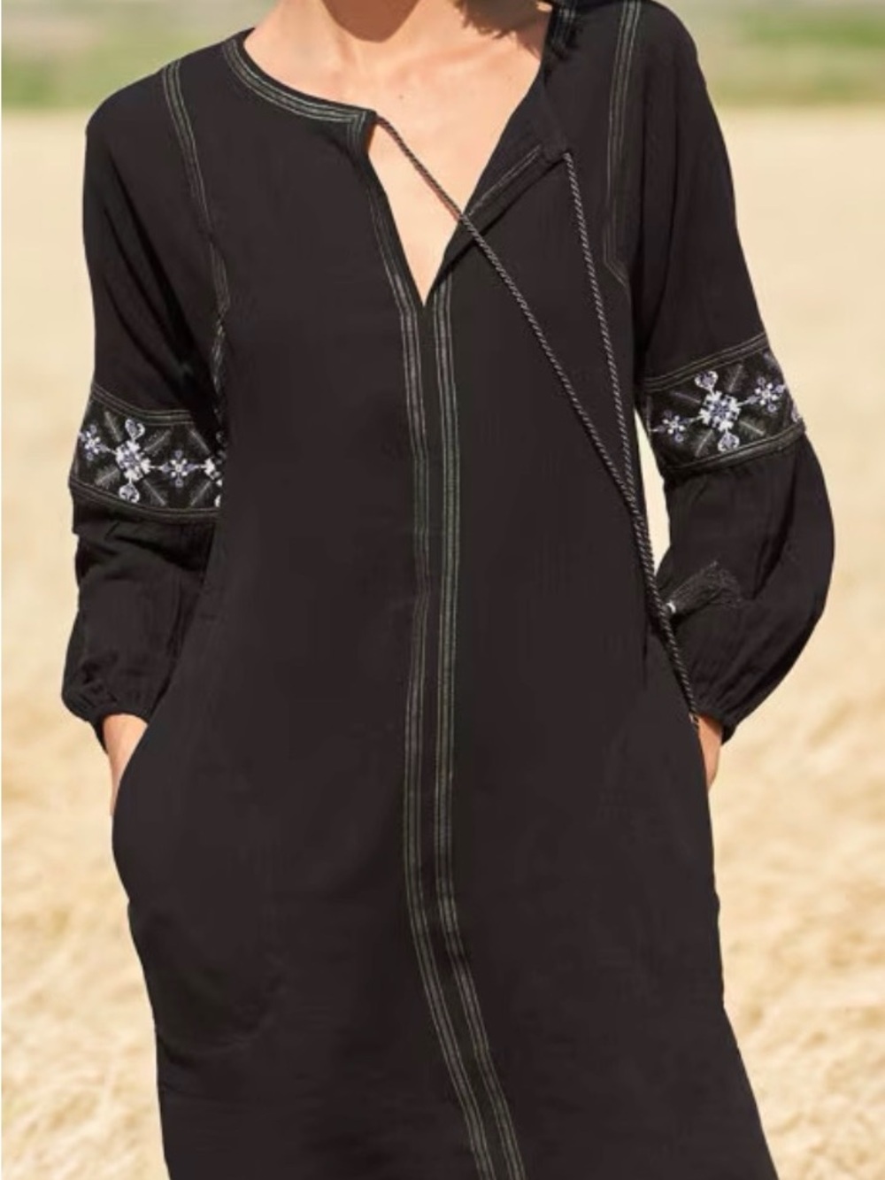 Lilla P Embroidered Gauze Long-Sleeve Mini Dress with Tassel Tie